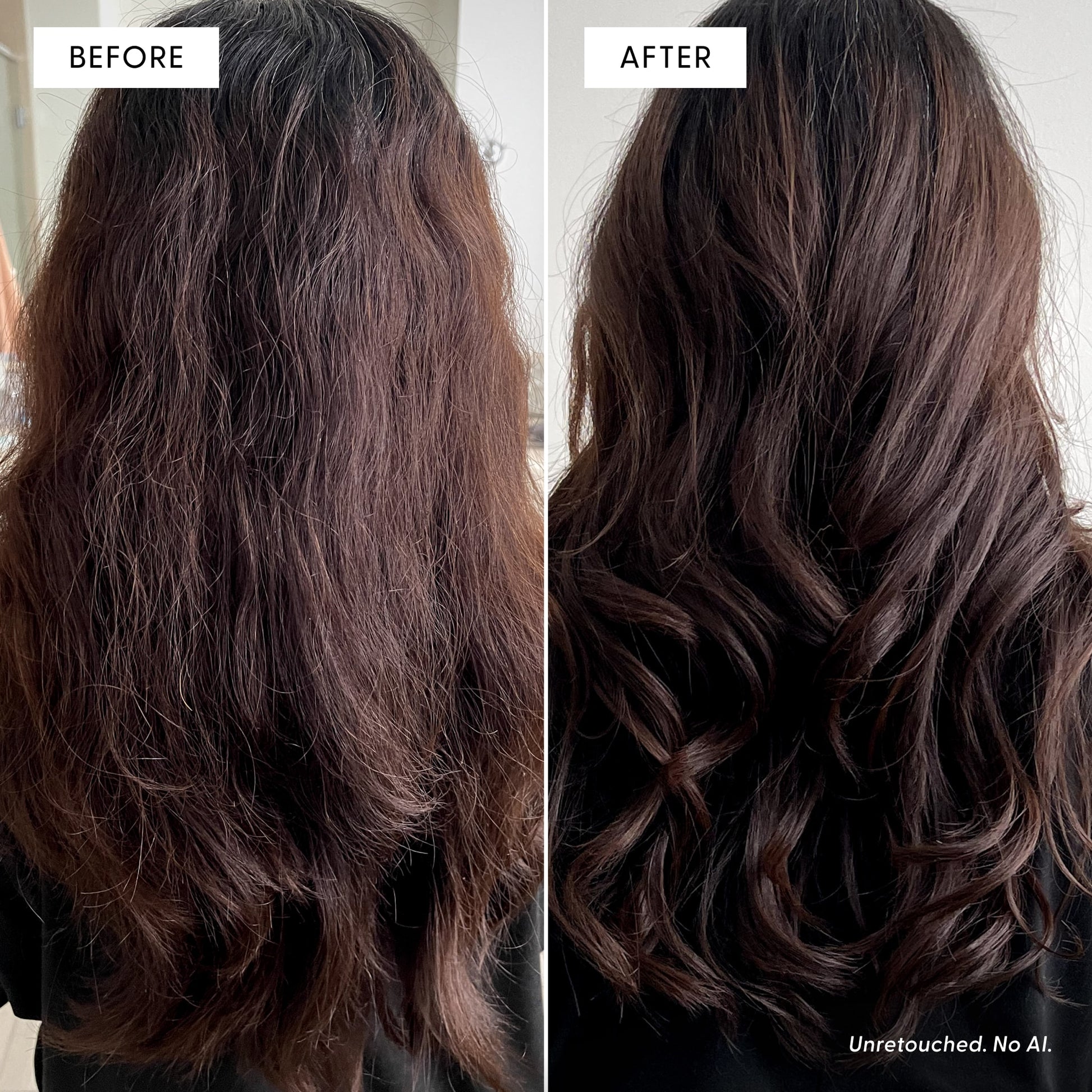 Side-by-side view of long brown hair: left is frizzy and unruly (Before), right, treated with Arey Live In Mist Leave-In Conditioner featuring Raspberry Seed Oil and UV protection, appears smooth, shiny, and styled in loose waves (After). Text below says, Unretouched. No AI.