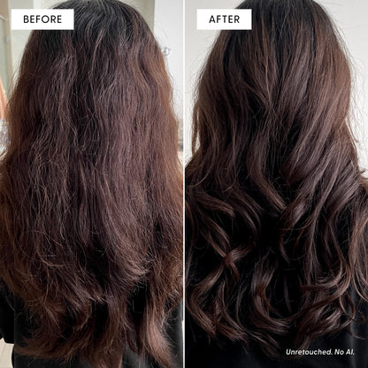 Side-by-side view of long brown hair: left is frizzy and unruly (Before), right, treated with Arey Live In Mist Leave-In Conditioner featuring Raspberry Seed Oil and UV protection, appears smooth, shiny, and styled in loose waves (After). Text below says, Unretouched. No AI.