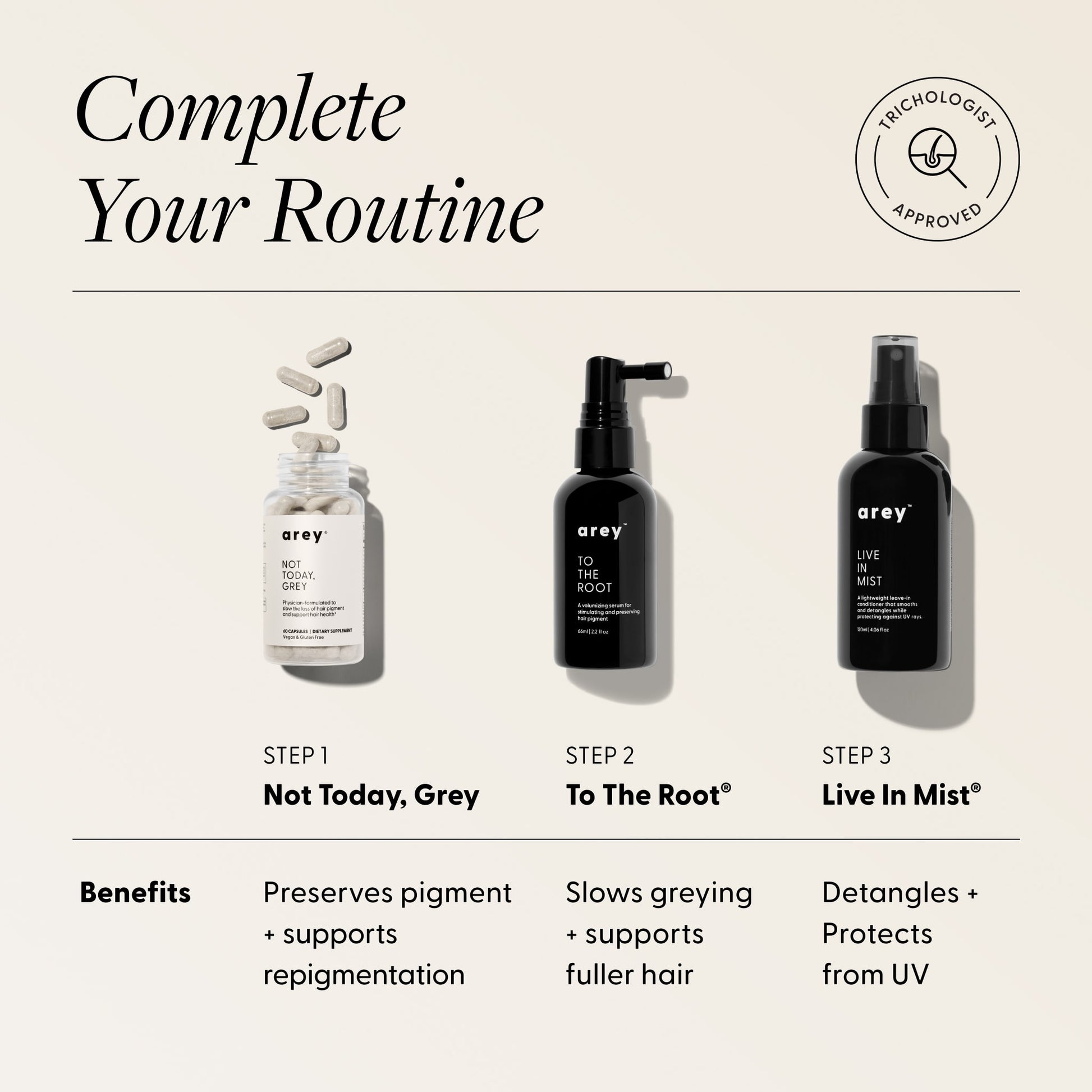"Complete Your Routine" 3-step infographic with Trichologist Approved badge. Step 1: Not Today, Grey — Preserves pigment + supports repigmentation. Step 2: To The Root® — Slows greying + supports fuller hair. Step 3: Live In Mist® — Detangles + Protects from UV.