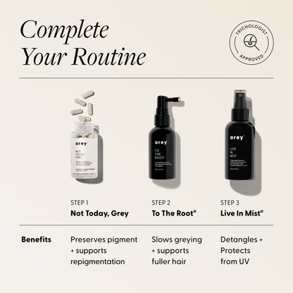 "Complete Your Routine" 3-step infographic with Trichologist Approved badge. Step 1: Not Today, Grey — Preserves pigment + supports repigmentation. Step 2: To The Root® — Slows greying + supports fuller hair. Step 3: Live In Mist® — Detangles + Protects from UV.