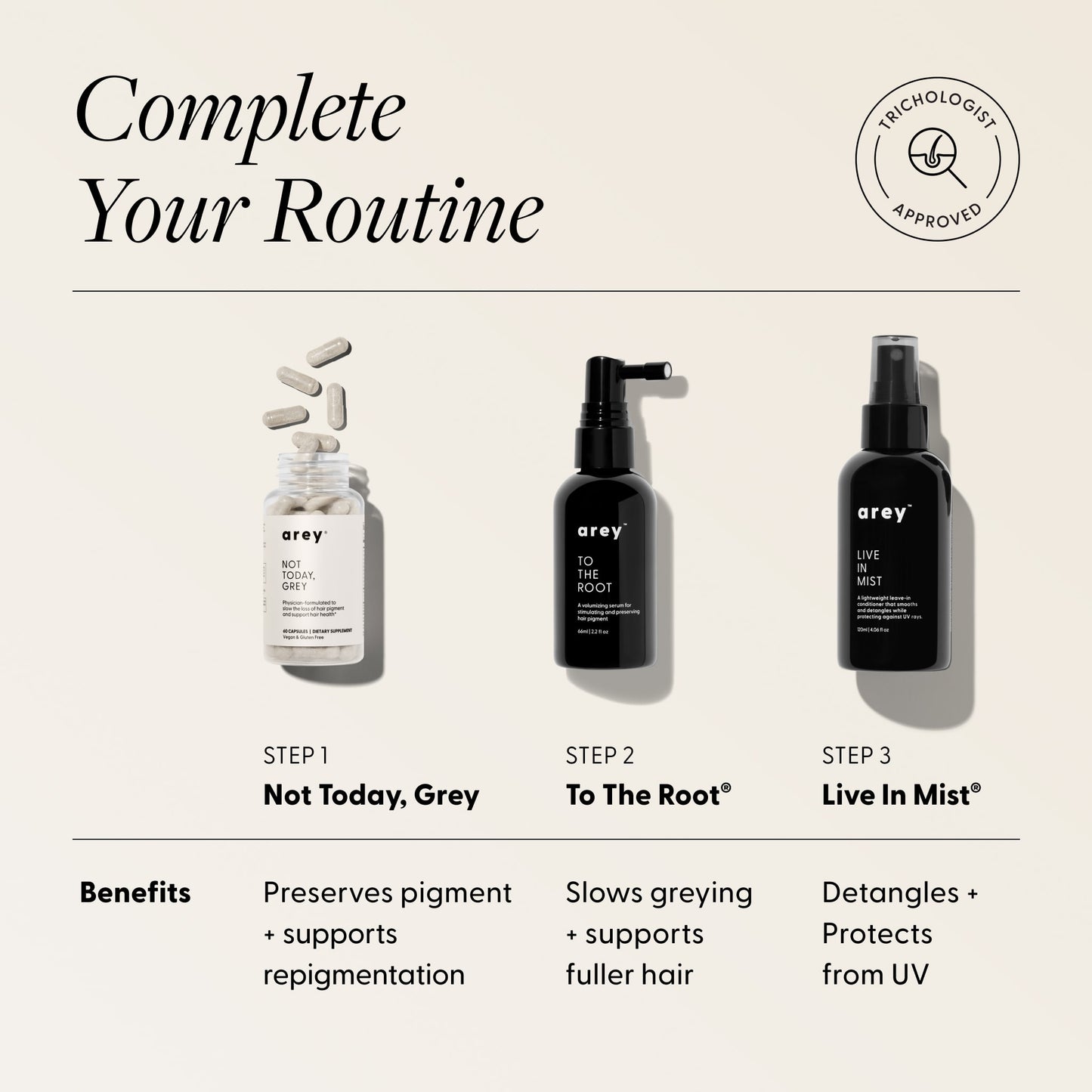 "Complete Your Routine" 3-step infographic with Trichologist Approved badge. Step 1: Not Today, Grey — Preserves pigment + supports repigmentation. Step 2: To The Root® — Slows greying + supports fuller hair. Step 3: Live In Mist® — Detangles + Protects from UV.