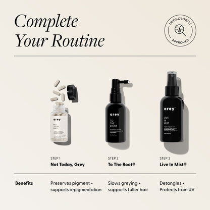Complete Your Routine featuring Not Today, Grey supplement, To The Root serum, and Live In Mist leave-in conditioner.