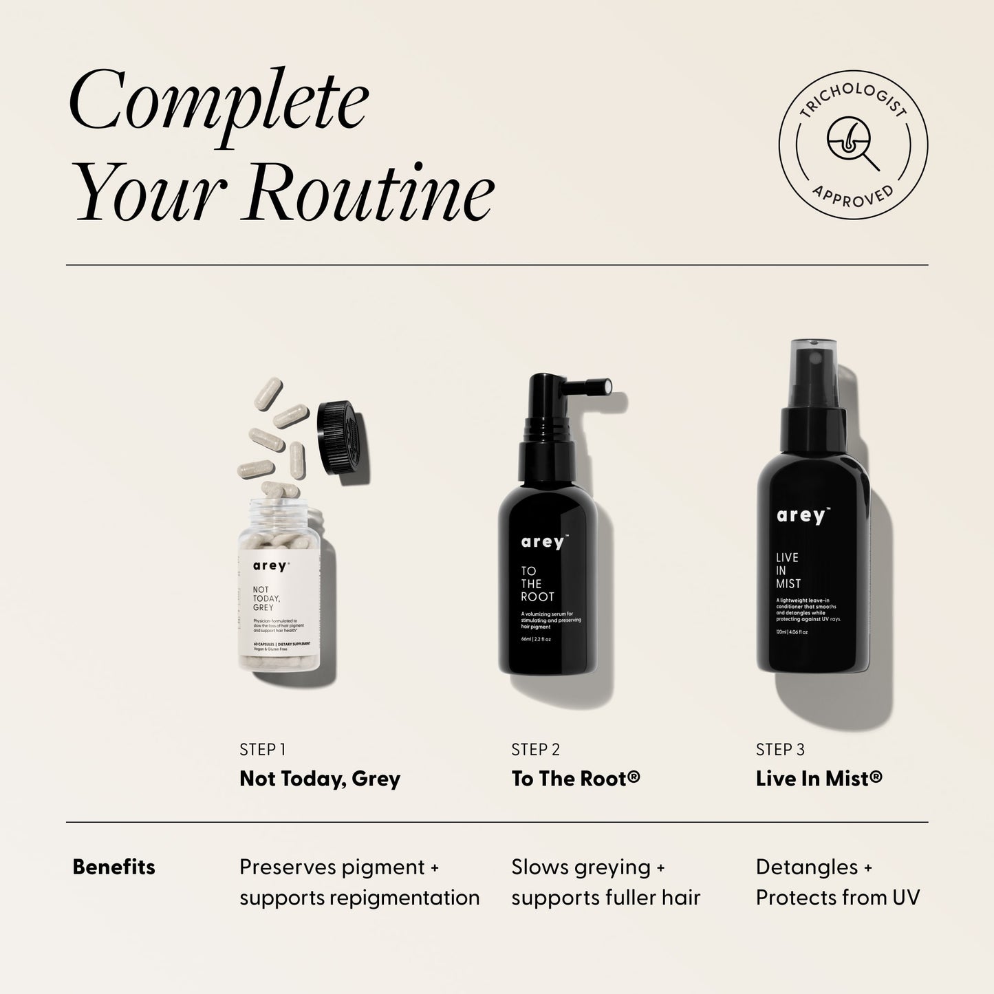 Complete Your Routine featuring Not Today, Grey supplement, To The Root serum, and Live In Mist leave-in conditioner.