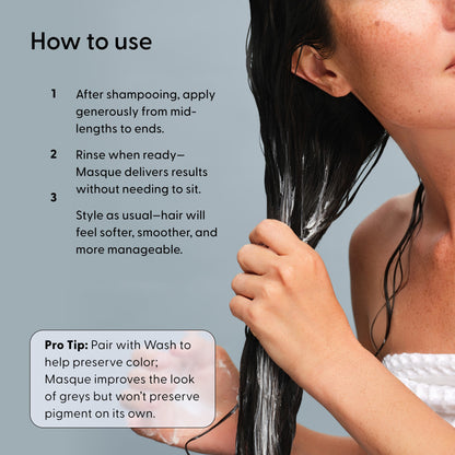 A woman applies Arey Masque Deep Conditioner to wet hair. Instructions: Apply after shampoo, rinse, then style. Pro tip: Pair with Arey Wash to help preserve color—while the masque deeply softens and repairs damaged hair, it doesn’t protect pigment, making it ideal for those seeking intense hydration without impacting color retention.
