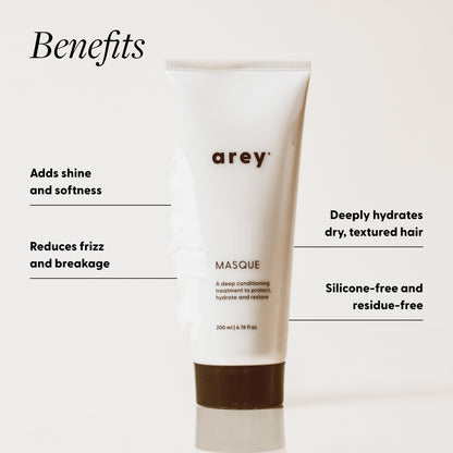 "Benefits" infographic for Arey Masque conditioning treatment, with a product photo of the Masque tube. Benefits: Adds shine and softness; Reduces frizz and breakage; Deeply hydrates dry, textured hair; Silicone-free and residue-free. Product label: arey® Masque — "A deep conditioning treatment to protect, hydrate and restore", 200 ml | 6.76 fl oz.