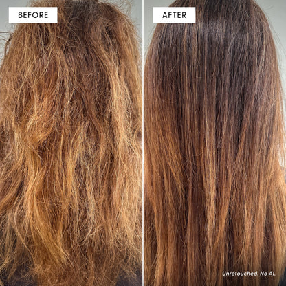 Side-by-side comparison of hair: left shows frizzy, dry hair labeled BEFORE, right shows smooth, straight hair labeled AFTER. Text at the bottom reads Unretouched. No AI. See the visible difference that Arey Masque Deep Conditioner can make for damaged hair repair with its hydrating, silicone-free formula.
