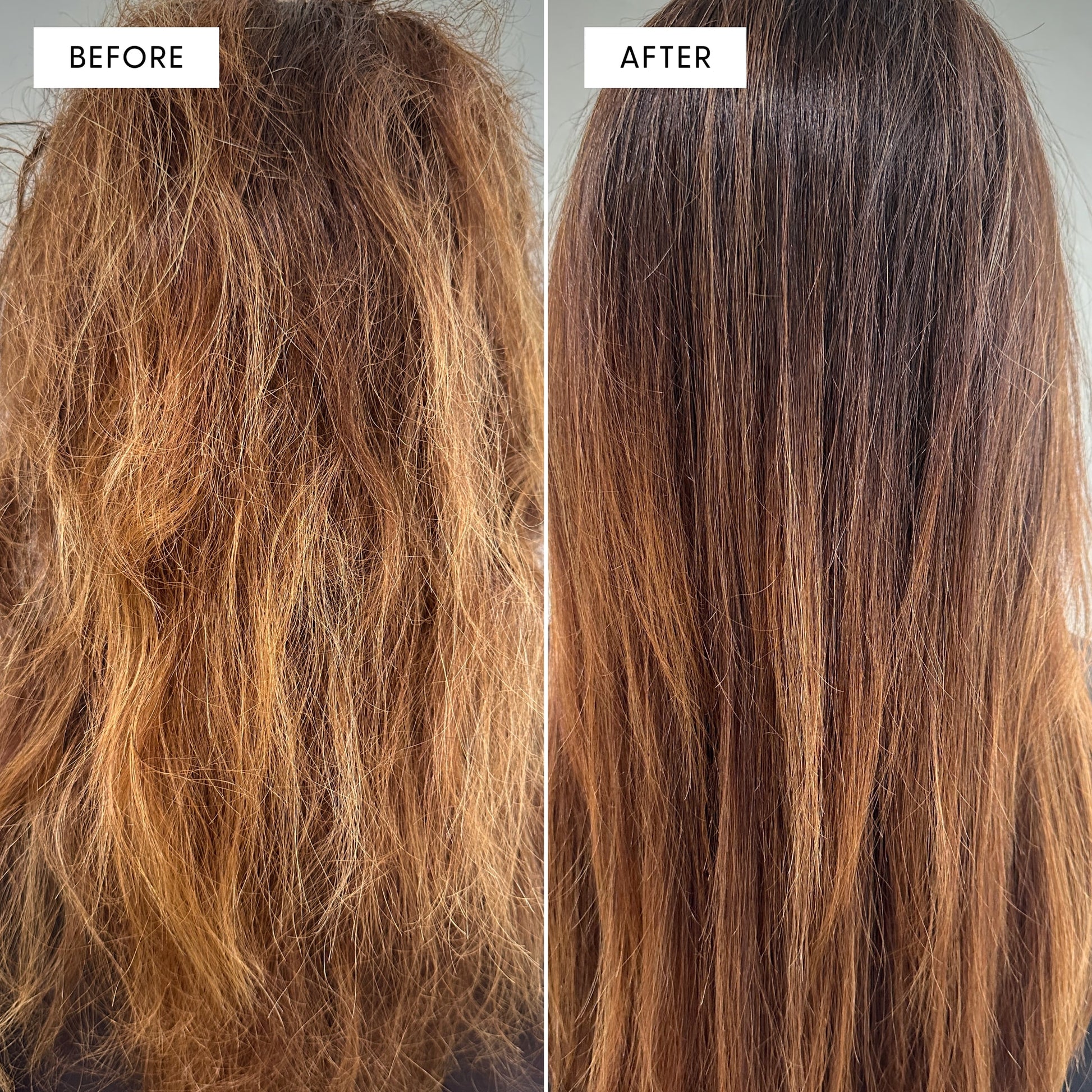 Before and after split photo showing hair results from Arey Masque. Left panel labeled "BEFORE" shows the back of a person's head with dry, frizzy, tangled light brown hair. Right panel labeled "AFTER" shows the same hair dramatically smoother, shinier, and more defined.