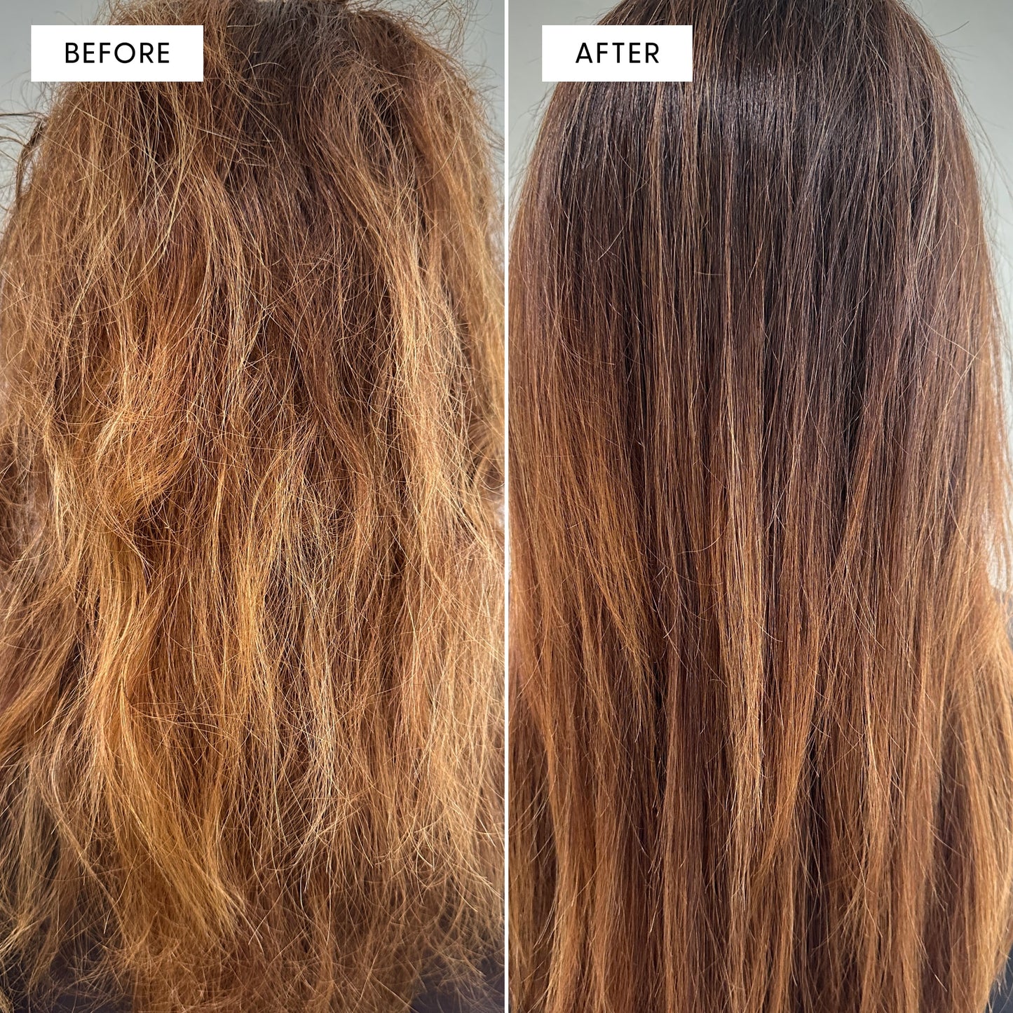 Before and after split photo showing hair results from Arey Masque. Left panel labeled "BEFORE" shows the back of a person's head with dry, frizzy, tangled light brown hair. Right panel labeled "AFTER" shows the same hair dramatically smoother, shinier, and more defined.