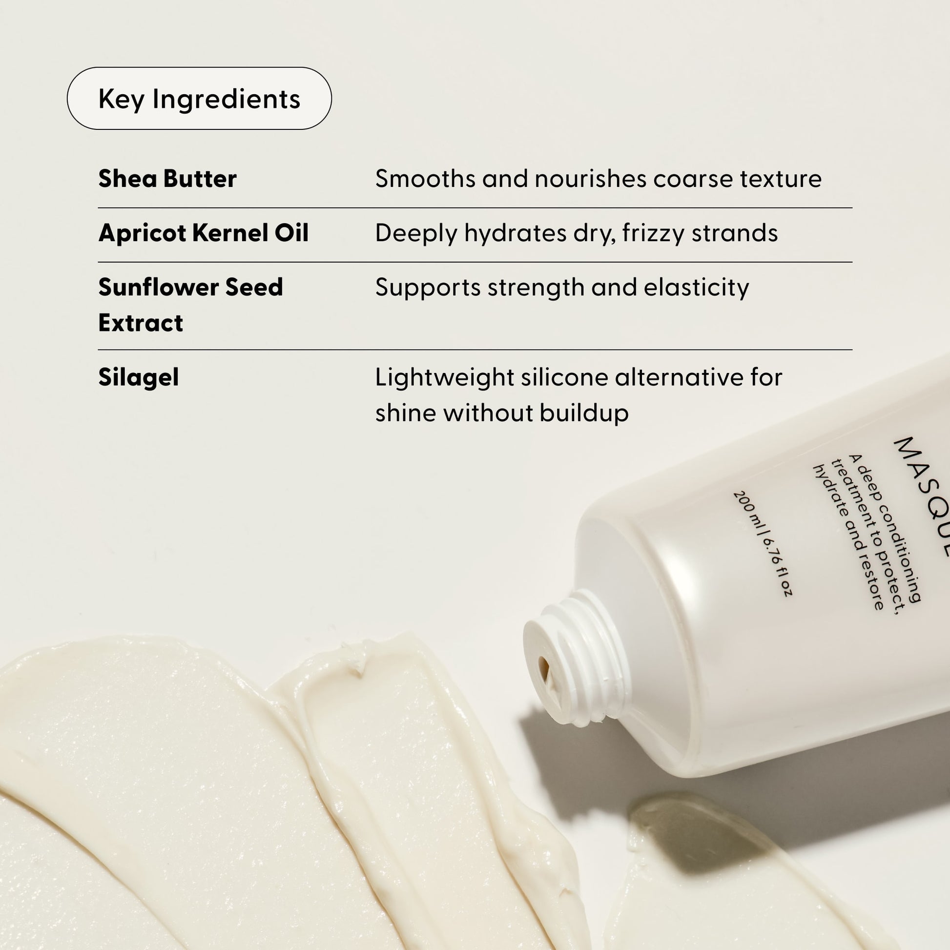 A tube of Arey Masque Deep Conditioner is shown beside creamy swatches of the product. A list highlights key ingredients—shea butter, apricot kernel oil, sunflower seed extract, and silagel—each delivering benefits for hair and skin. This nourishing formula works both as a hydrating hair treatment and a silicone-free conditioner, repairing damaged strands while simultaneously supporting skin health.