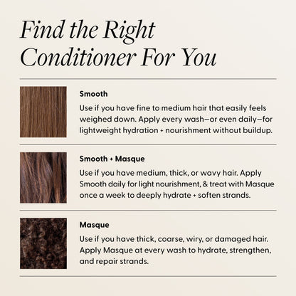 Find the Right Conditioner For You guide by Arey. Smooth: for fine to medium hair that easily feels weighed down — apply every wash or daily for lightweight hydration + nourishment without buildup. Smooth + Masque: for medium, thick, or wavy hair — apply Smooth daily, treat with Masque once a week to deeply hydrate + soften strands. Masque: for thick, coarse, wiry, or damaged hair — apply at every wash to hydrate, strengthen, and repair strands.