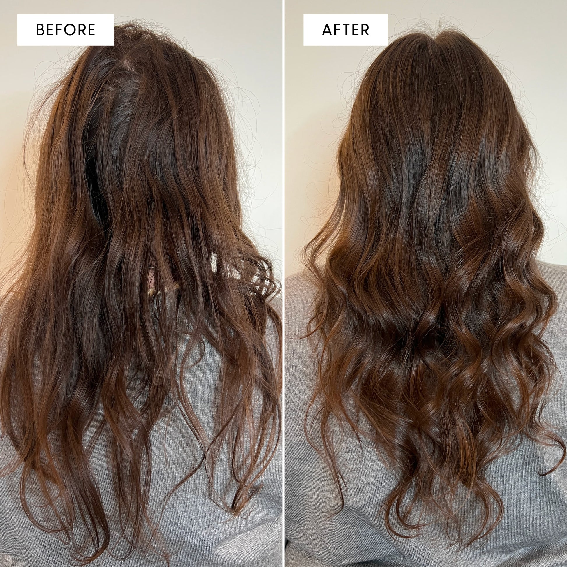 Before and after split photo showing hair results from Arey Mend. Left panel labeled "BEFORE" shows the back of a person's head with flat, frizzy, dry-looking dark hair. Right panel labeled "AFTER" shows the same person's hair with significantly more volume, shine, and defined waves.