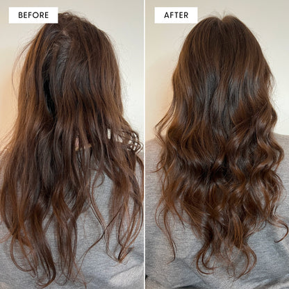 Before and after split photo showing hair results from Arey Mend. Left panel labeled "BEFORE" shows the back of a person's head with flat, frizzy, dry-looking dark hair. Right panel labeled "AFTER" shows the same person's hair with significantly more volume, shine, and defined waves.