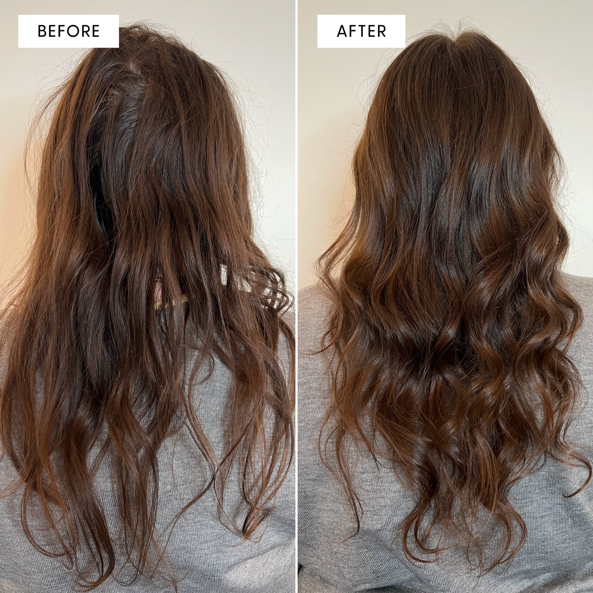 Before and after comparison of hair with a neutral background