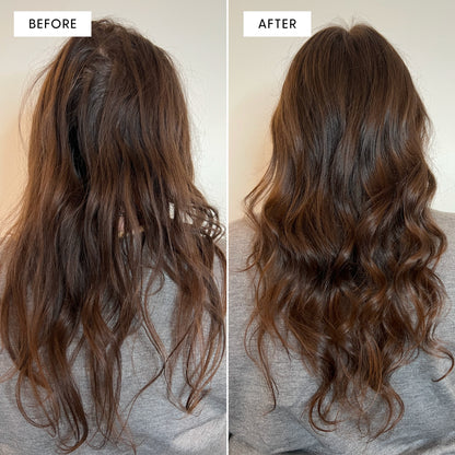 Before and after comparison of hair with a neutral background