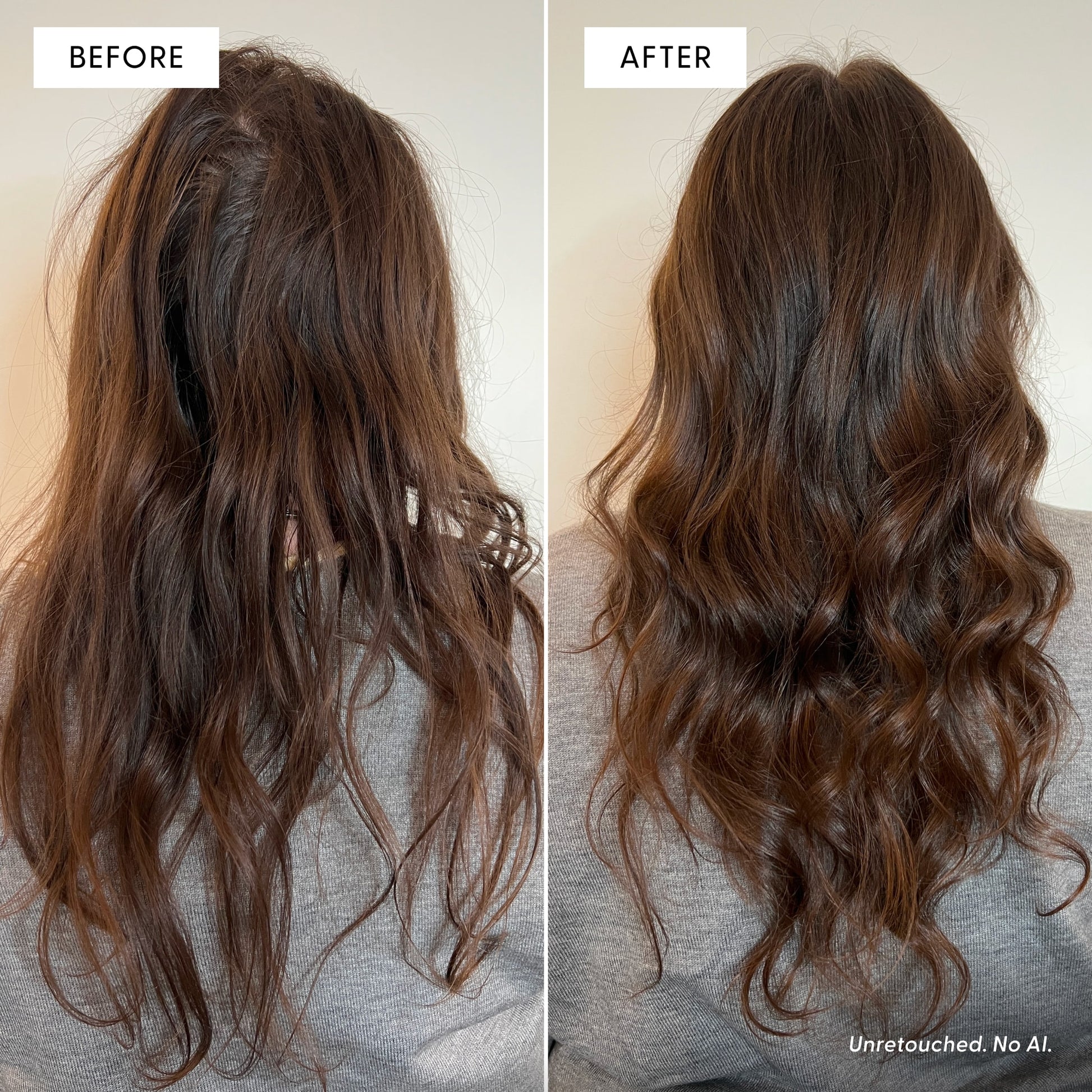 Side-by-side view of long brown hair: the left shows frizzy, tangled hair with visible breakage, labeled Before; the right shows smooth, styled waves enhanced by Arey Mend Heat Protectant Leave-In with vegan collagen, labeled After. Both are photographed from the back.