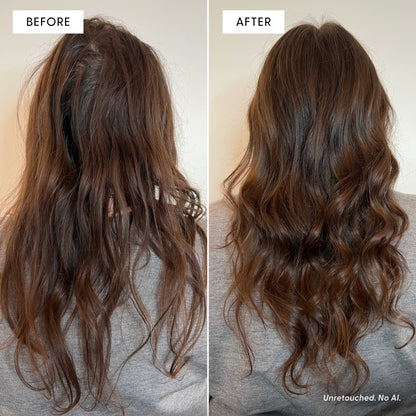 Side-by-side view of long brown hair: the left shows frizzy, tangled hair with visible breakage, labeled Before; the right shows smooth, styled waves enhanced by Arey Mend Heat Protectant Leave-In with vegan collagen, labeled After. Both are photographed from the back.