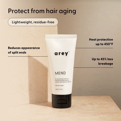 A white tube labeled Arey Mend Heat Protectant Leave-In stands on a beige surface with text highlighting its benefits: reduces split ends, provides heat protection up to 450°F, results in up to 45% less hair breakage, is lightweight and residue-free. Formulated with vegan collagen for healthier-looking hair.