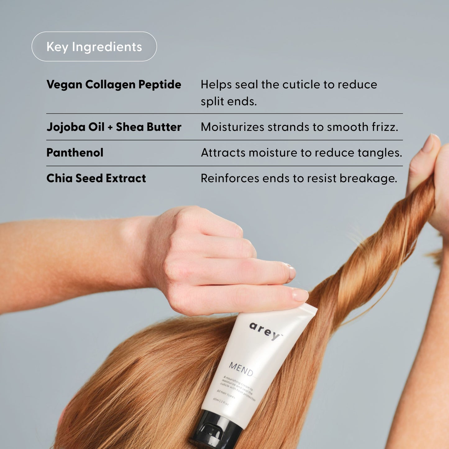 A hand applies Arey Mend Heat Protectant Leave-In to long, blonde hair; the ingredient list showcases benefits like vegan collagen peptide for reducing hair breakage, with nourishing care and heat protection provided by jojoba oil, shea butter, panthenol, and chia seed extract—all set against a gray background.