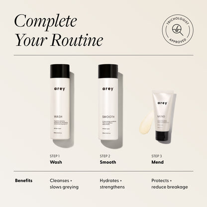 Three arey hair care products with step-by-step instructions to complete a routine on a beige background.