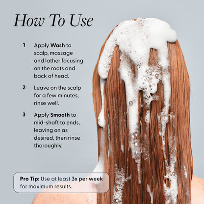 "How To Use" infographic for Arey Mini Duo, with a photo of a person washing their long hair with lather. Instructions: 1. Apply Wash to scalp, massage and lather focusing on the roots and back of head. 2. Leave on the scalp for a few minutes, rinse well. 3. Apply Smooth to mid-shaft to ends, leaving on as desired, then rinse thoroughly. Pro Tip: Use at least 3x per week for maximum results.