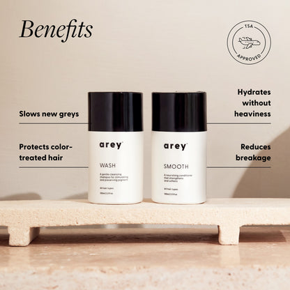 "Benefits" infographic for Arey Mini Duo, with a TSA Approved badge, showing Wash and Smooth travel bottles on a stone surface. Benefits: Slows new greys; Protects color-treated hair; Hydrates without heaviness; Reduces breakage. Products shown: arey® Wash — "A gentle cleansing shampoo for stimulating and preserving pigment†", All hair types, 100ml/3.3 fl oz. arey® Smooth — "A nourishing conditioner that strengthens and softens", All hair types, 100ml/3.3 fl oz.