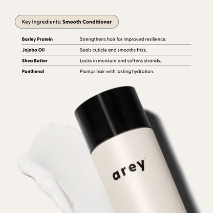 White bottle with black cap labeled 'arey' on a white background with text about smooth conditioner ingredients.