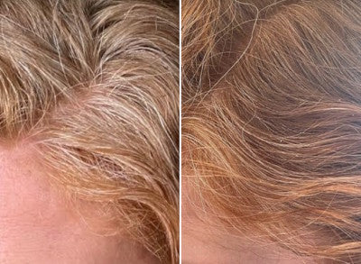 Side-by-side comparison of hair roots: the left side shows gray roots, while the right side shows the same roots covered with a light brown or blonde color.