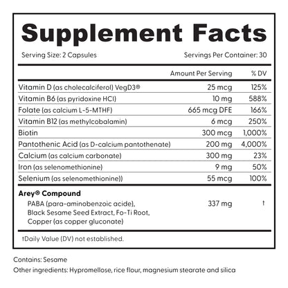 Supplement facts label with detailed nutritional information on a white background