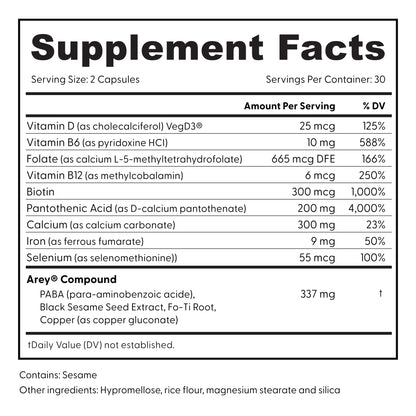 Supplement facts label with detailed nutritional information on a white background