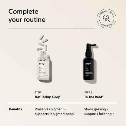 Arey offers two hair products: Not Today, Grey™—a powerful supplement for grey hair—and To The Root®, a spray that supports repigmentation, preserves pigment, slows greying, and promotes thicker hair.