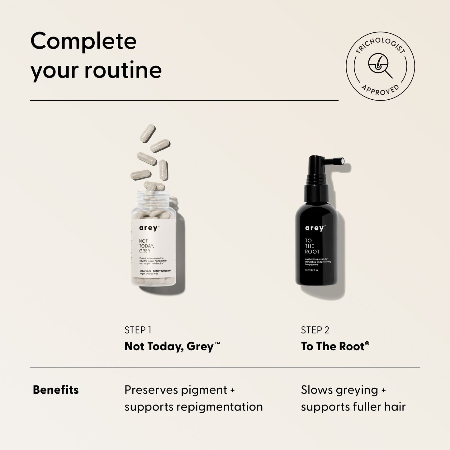 Arey offers two hair products: Not Today, Grey™—a powerful supplement for grey hair—and To The Root®, a spray that supports repigmentation, preserves pigment, slows greying, and promotes thicker hair.