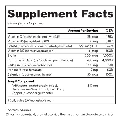 Supplement Facts label for Not Today, Grey™ by Arey, featuring a serving size of 2 capsules and listing key vitamins and minerals—including Vitamin D, B6, Folate, B12, Biotin, Pantothenic Acid, Calcium, Iron, Selenium—as well as the proprietary Arey® compound. Formulated to support repigmentation and promote thicker hair.
