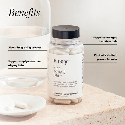 Arey Not Today, Grey bottle with benefits: slows greying, supports repigmentation, stronger hair; clinically studied.