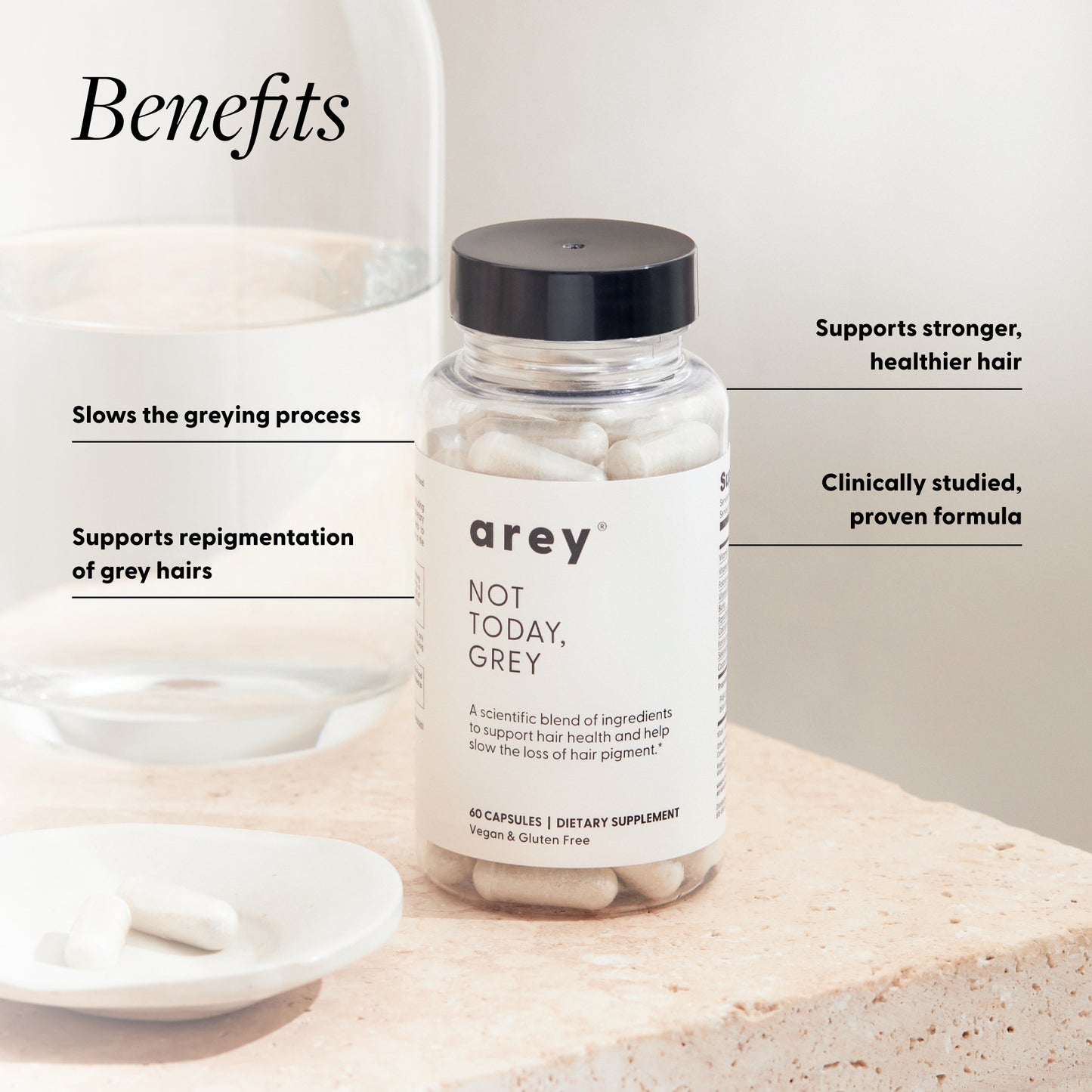Arey Not Today, Grey bottle with benefits: slows greying, supports repigmentation, stronger hair; clinically studied.