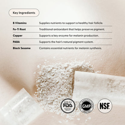 Key ingredients for Not Today, Grey: B vitamins, Fo-Ti, copper, PABA, black sesame; FDA-registered, GMP, and NSF badges.