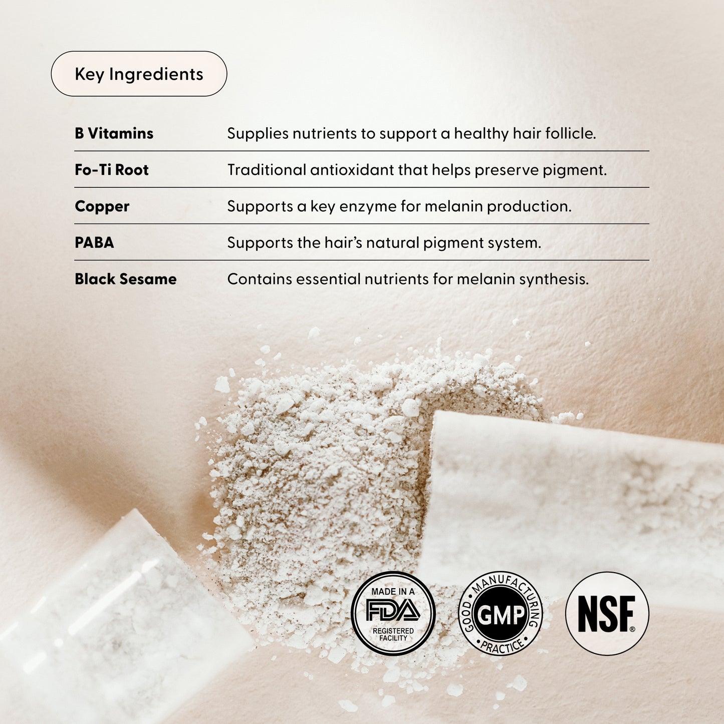 Key ingredients for Not Today, Grey: B vitamins, Fo-Ti, copper, PABA, black sesame; FDA-registered, GMP, and NSF badges.