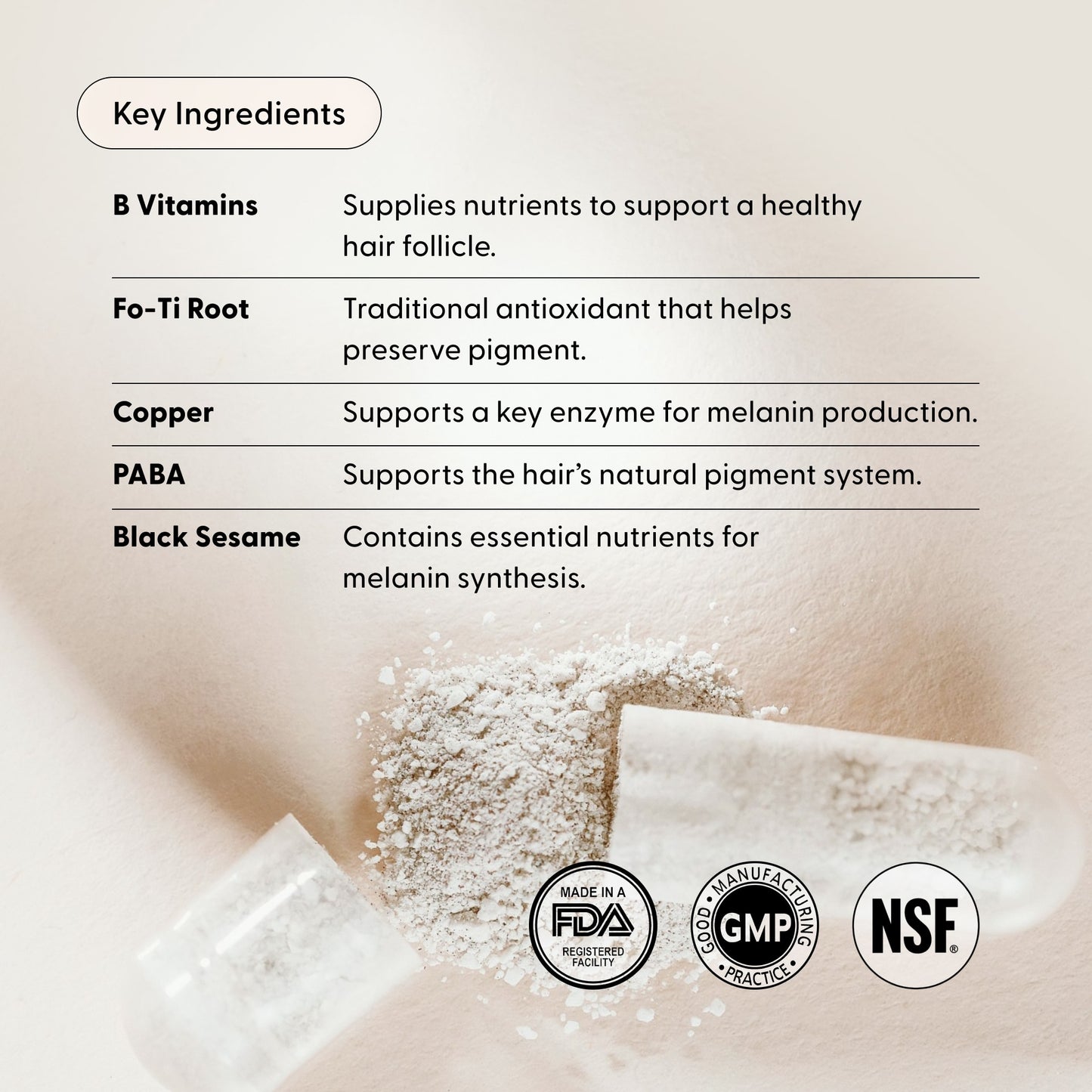 Arey Not Today, Grey™ powder supplement features key ingredients including B Vitamins, Fo-Ti Root, Copper, PABA, and Black Sesame. Specially designed to support hair repigmentation and promote thicker hair growth as a grey hair supplement. Three certification logos—FDA, GMP, and NSF—are displayed at the bottom.