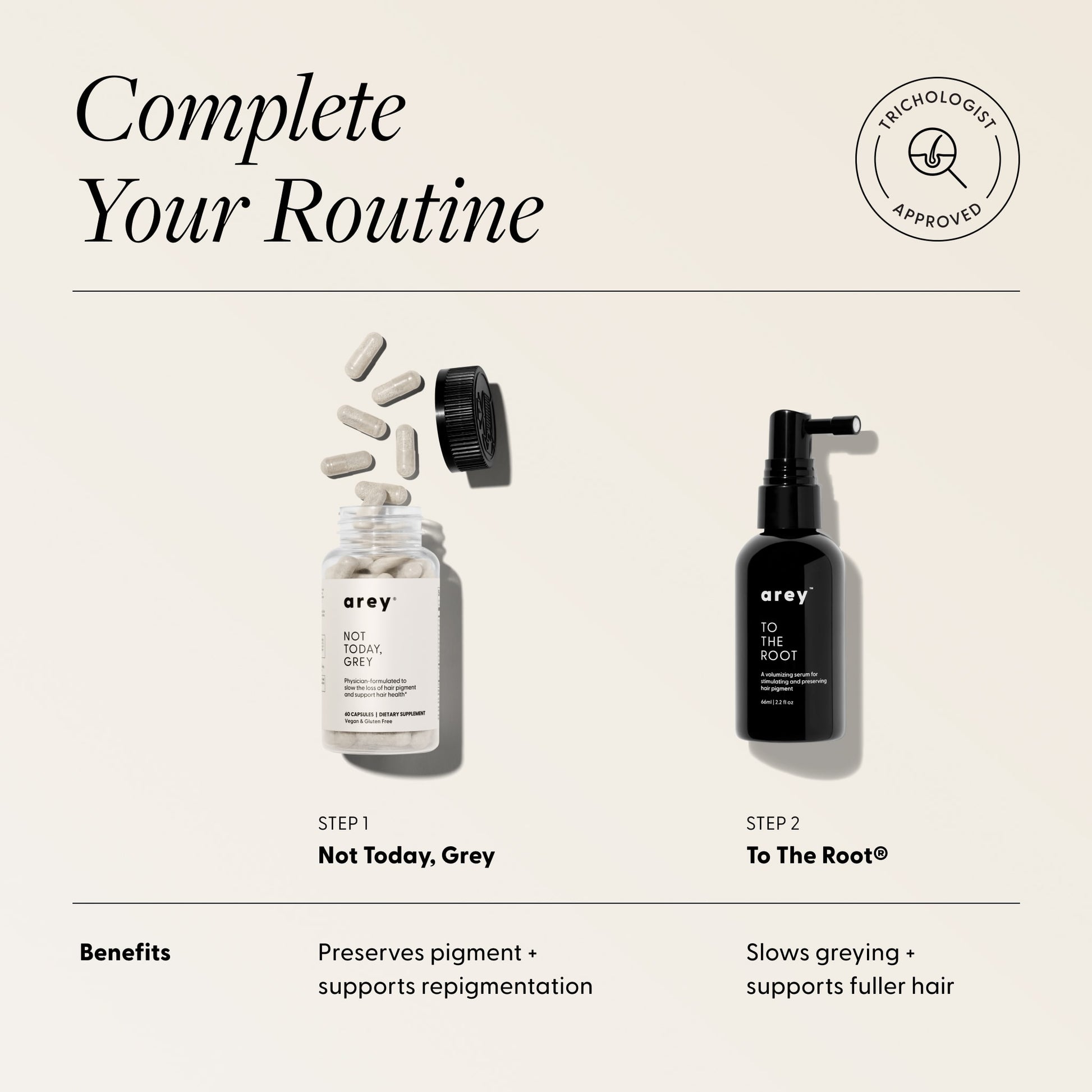 Complete Your Routine graphic showing Step 1 Not TOday Grey and Step 2 To The Root® with key benefits.