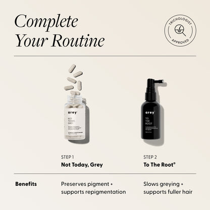 "Complete Your Routine" infographic with Trichologist Approved badge, showing the 2-step Arey hair system. Step 1: Not Today, Grey (capsule bottle shown) — Benefits: Preserves pigment + supports repigmentation. Step 2: To The Root® (serum spray bottle shown) — Benefits: Slows greying + supports fuller hair.