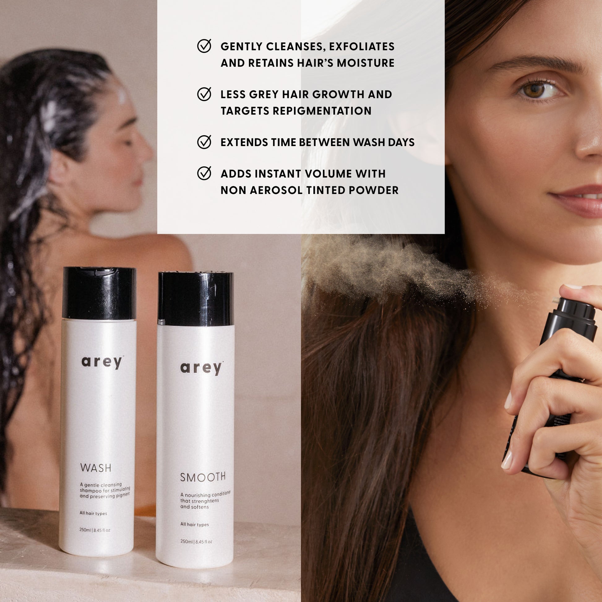 gently cleanses, exfoliates 
and retains hair’s moisture
less grey hair growth and Targets repigmentation
extends time between wash days
adds instant volume with non aerosol tinted powder