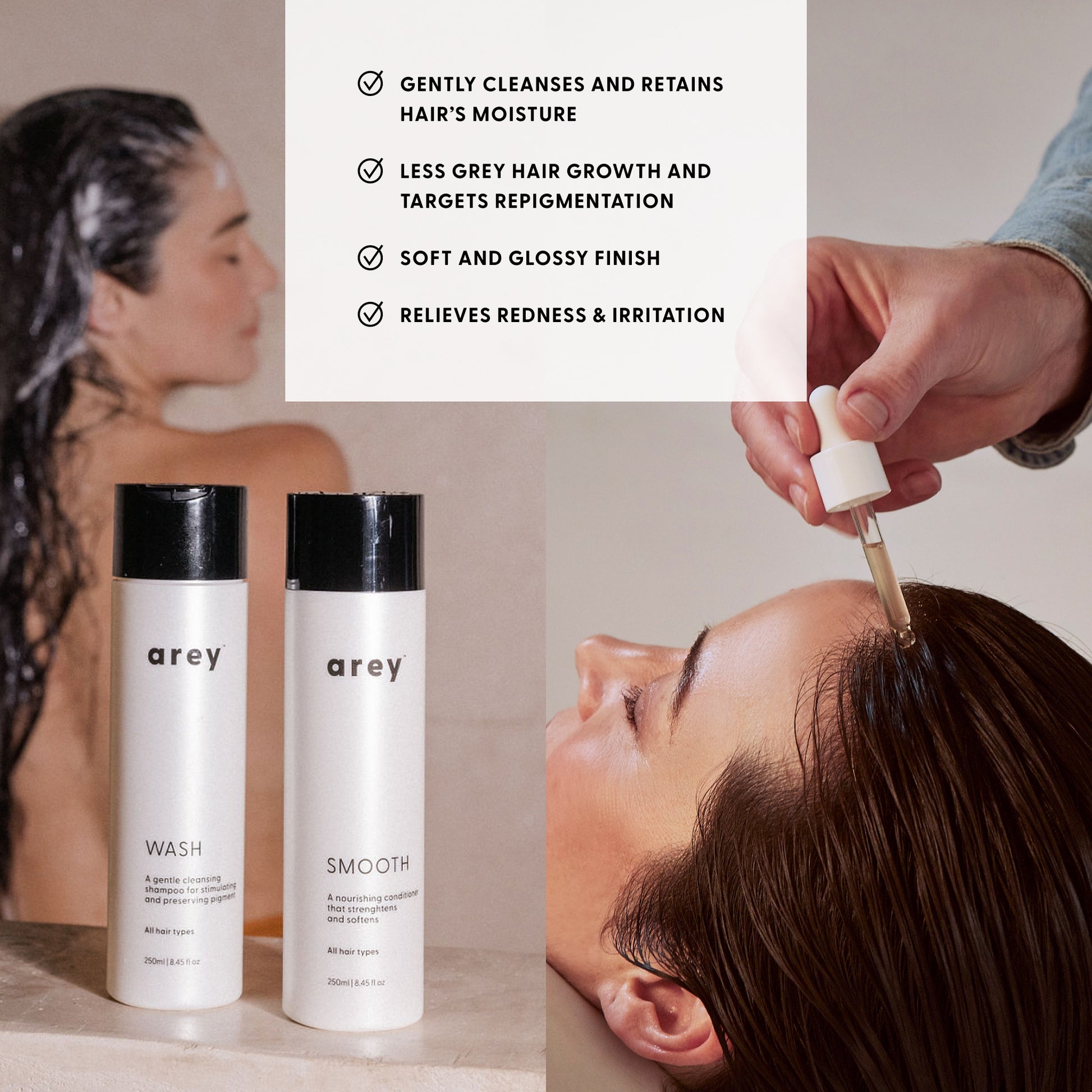 gently cleanses and retains hair’s moisture
less grey hair growth and Targets repigmentation
soft and glossy finish
relieves redness & irritation