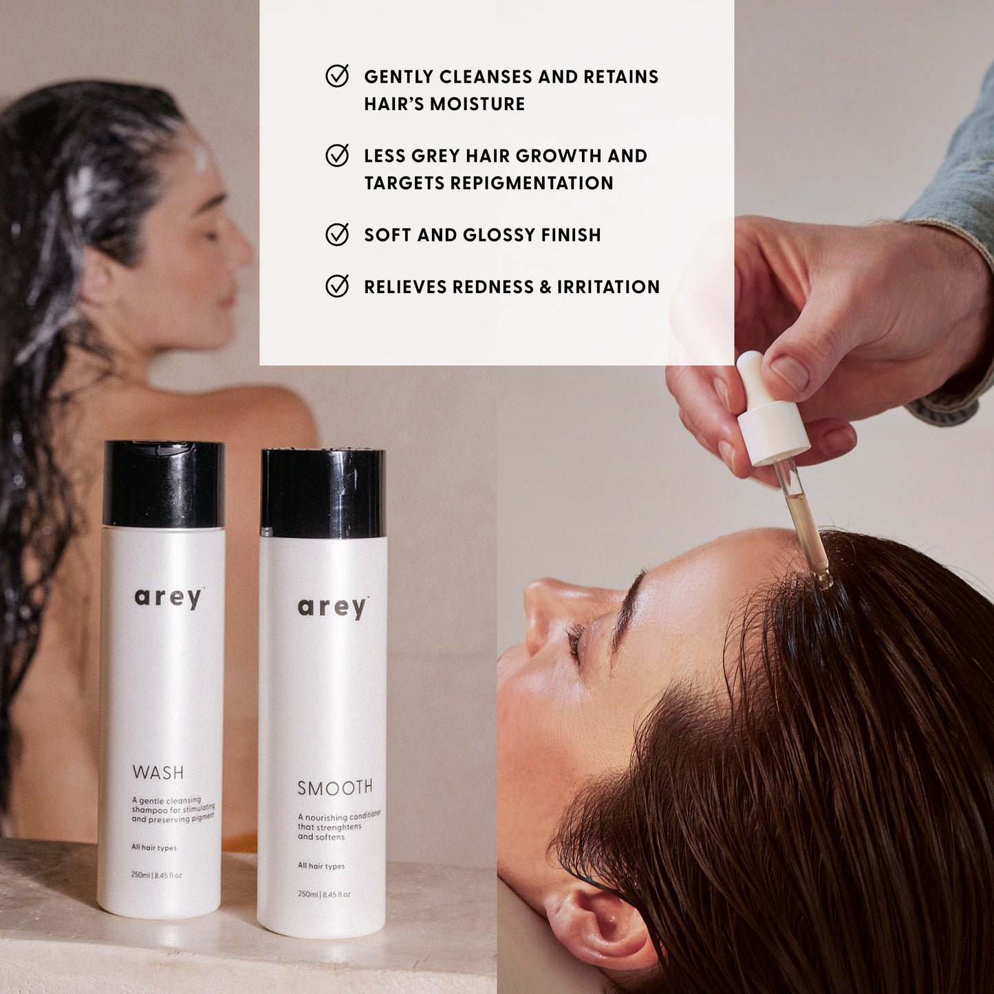gently cleanses and retains hair’s moisture
less grey hair growth and Targets repigmentation
soft and glossy finish
relieves redness & irritation