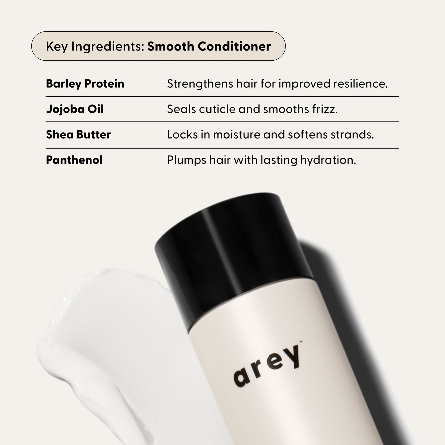 A bottle from Arey’s The Inside-Out Set rests on a light surface beside a smear of white conditioner. Text highlights carefully chosen key ingredients—barley protein, jojoba oil, shea butter, and panthenol—celebrated for supporting hair health and helping to preserve pigment.