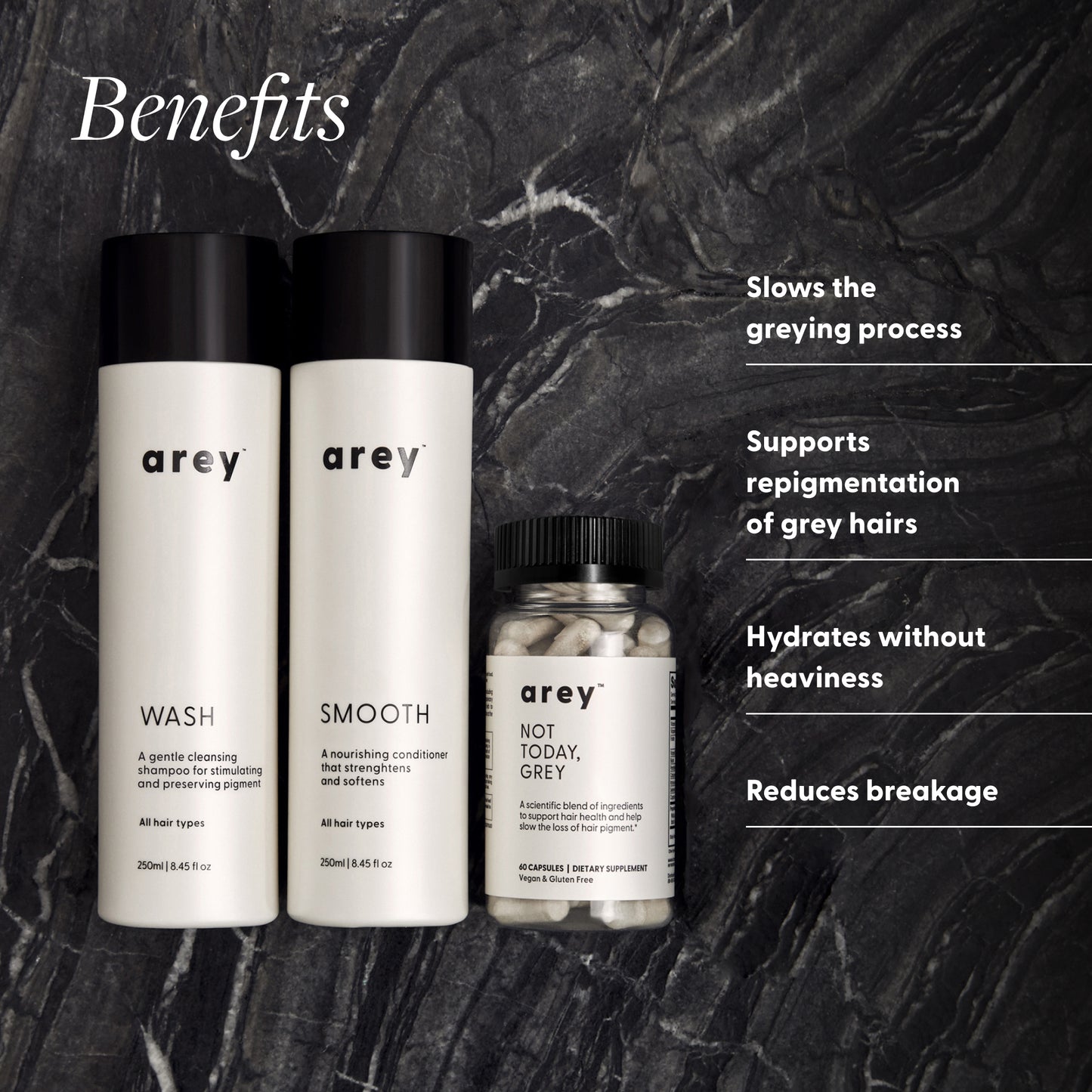 "Benefits" infographic for the arey Inside-Out Set, showing Wash, Smooth, and Not Today, Grey products against dark marble. Benefits listed: Slows the greying process; Supports repigmentation of grey hairs; Hydrates without heaviness; Reduces breakage.