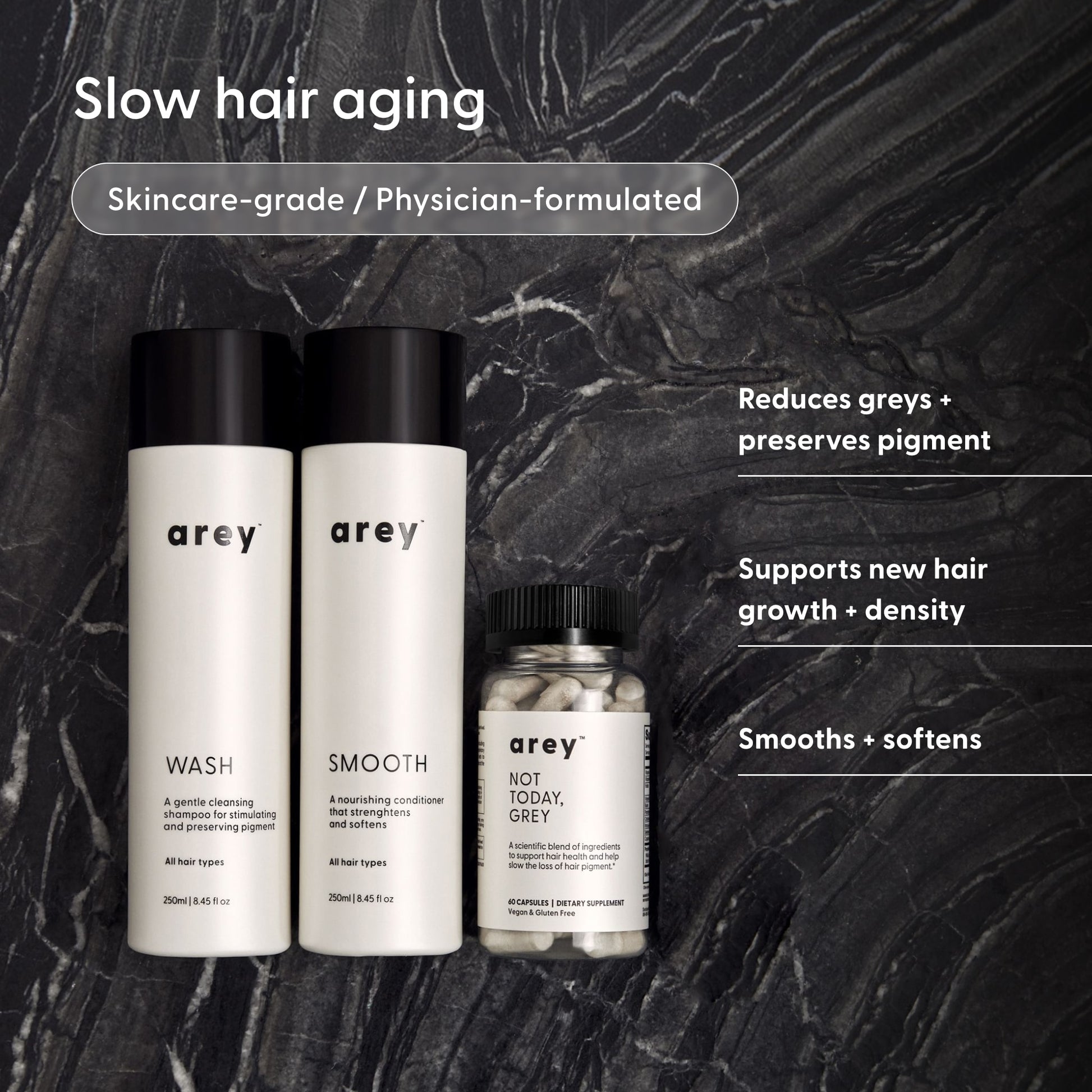 Three Arey products from The Inside-Out Set are displayed on a dark marbled surface. Text highlights their benefits: preserving pigment to reduce greys, supporting hair growth, and improving softness and density for optimal hair health.
