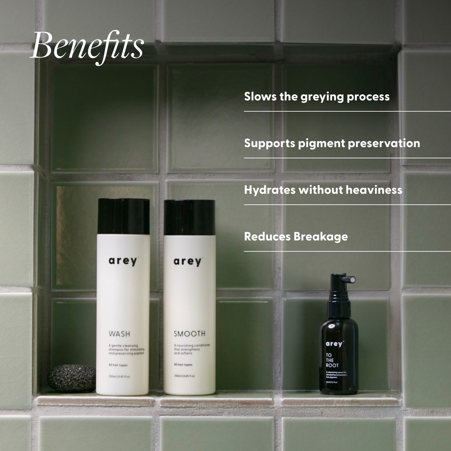 Arey Root-Re-Set bundle products on a shower shelf with benefits labeled. Products shown: Wash, Smooth, and To The Root. Text reads: Benefits — Slows the greying process. Supports pigment preservation. Hydrates without heaviness. Reduces Breakage.