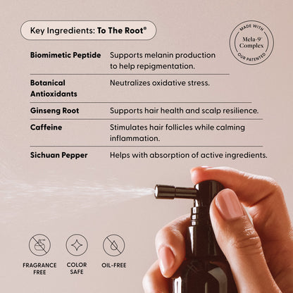 Spraying Arey’s The Root Re-Set, a black bottle featuring text that highlights hair care ingredients and benefits—like peptides, antioxidants, ginseng root, caffeine, and Sichuan pepper to promote scalp health and address slow greys. Fragrance-free, color safe, and oil-free icons emphasize this advanced anti-aging hair solution.