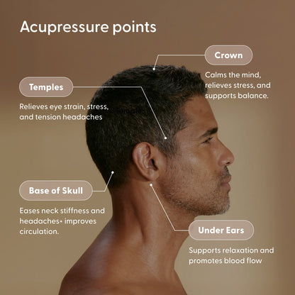 Acupressure points: Crown — calms the mind, relieves stress, and supports balance. Temples — relieves eye strain, stress, and tension headaches. Base of skull — eases neck stiffness and headaches + improves circulation. Under Ears — supports relaxation and promotes blood flow.