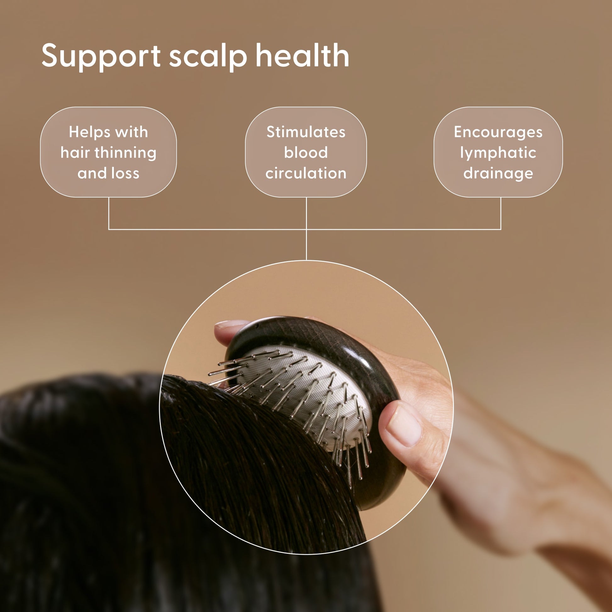 Person using the Arey Scalp Brush on long dark hair with benefits labeled. Text reads: Benefits — Helps with hair thinning and loss. Supports healthy hair growth. Encourages lymphatic drainage.