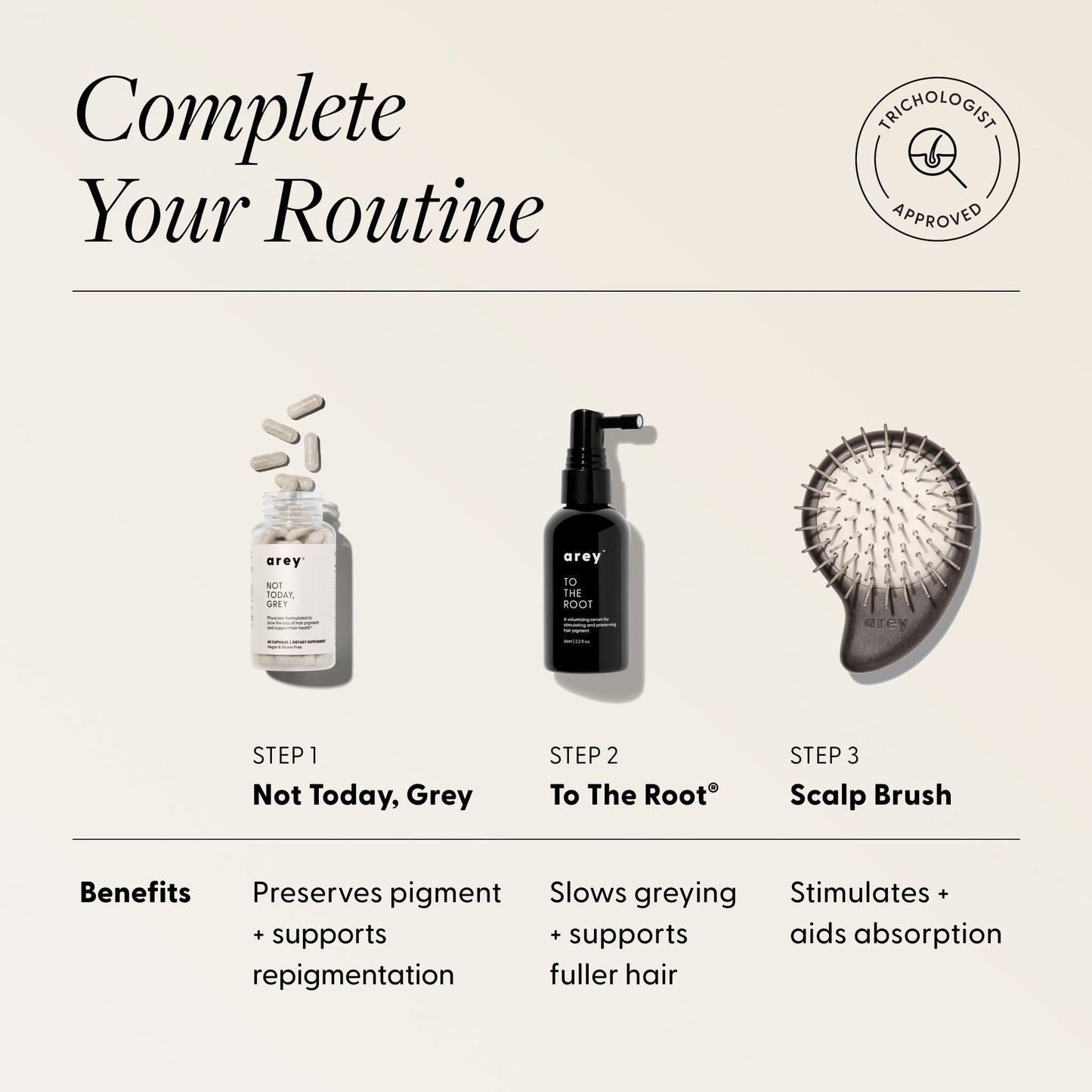 Three-step Arey haircare routine graphic. Badge: Trichologist Approved. Text: Complete Your Routine — Step 1: Not Today, Grey — Benefits: Preserves pigment + supports repigmentation. Step 2: To The Root® — Benefits: Slows greying + supports fuller hair. Step 3: Scalp Brush — Benefits: Stimulates + aids absorption.